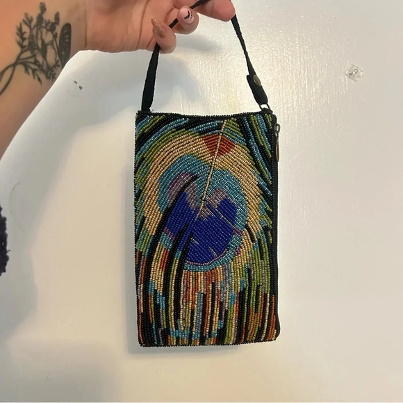 Bamboo Trading Company Club Bag Peacock Feather Beaded Cross Body Hand Bag - Picture 1 of 8